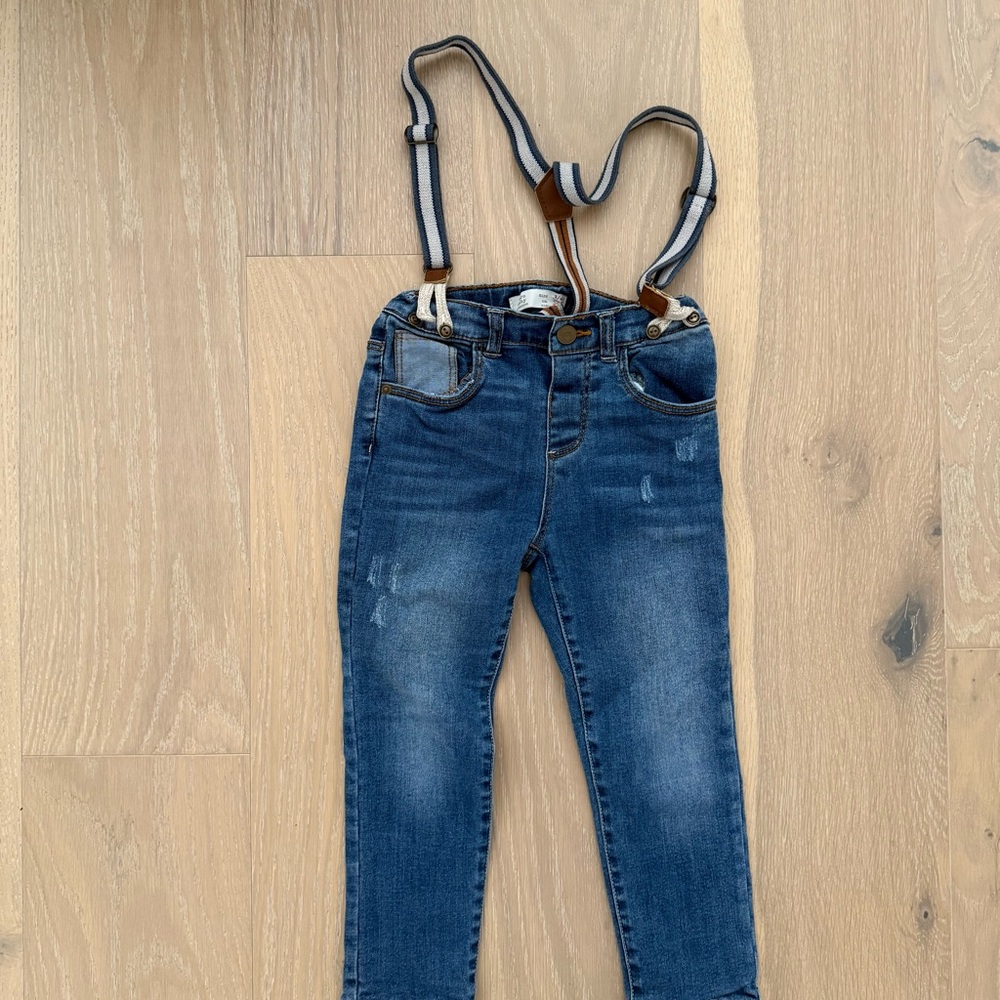 Zara Kids Dark Blue Denim Jeans with Striped Suspenders